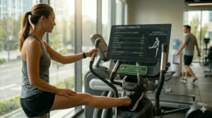 A woman with a ponytail performs a leg stretch on an elliptical machine with a corrected "WORKOUT COMPLETE" screen display, in a sunlit gym.