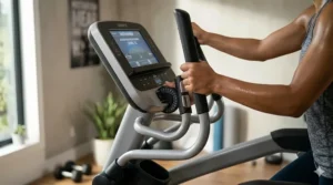 Close-up of the digital console on a 250-pound capacity elliptical trainer.