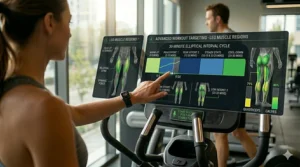 Timeline graphic of a 30-minute elliptical workout including warm-up, steady-state, and cool-down.