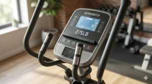 Close-up of the display panel on a 275 pound capacity elliptical machine.