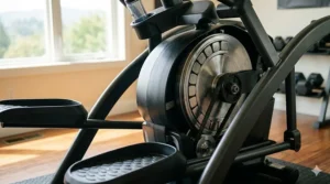 Side view showing the magnetic resistance mechanism of a 350 pound elliptical.