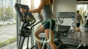 Visual guide on maintaining smooth, fluid strides on an elliptical for low-impact training.