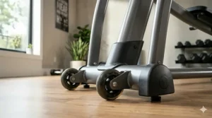 Close-up showing the transport wheels of a 250-pound capacity elliptical.