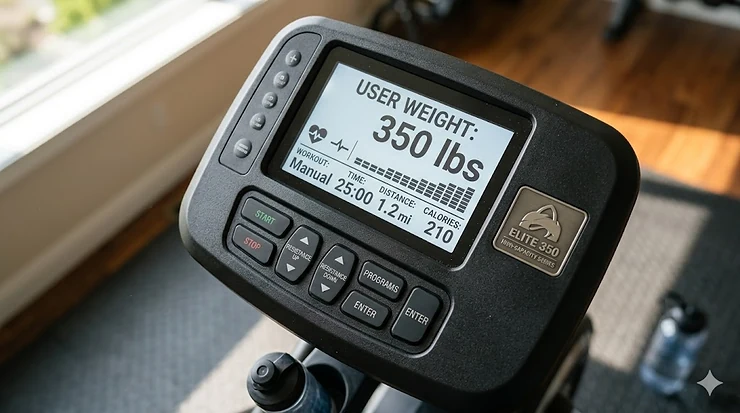 Digital console on a 350 pound elliptical machine showing workout metrics.