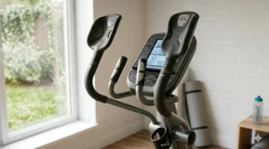 Ergonomic foam-grip handlebars on a high-weight capacity elliptical trainer.