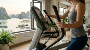 Ergonomic handlebars on a completely silent elliptical machine designed for comfort.