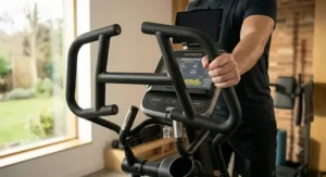 Ergonomic multi-grip handlebars on a professional 375-pound capacity elliptical.