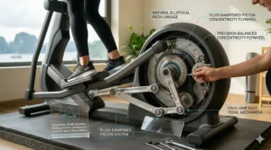 Side view showing the smooth motion of a reduced noise elliptical machine.