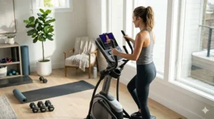 A home gym setting featuring an elliptical machine optimized for Peloton app streaming.