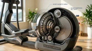 Close-up of magnetic resistance system in a quiet elliptical machine.