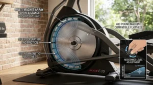 Diagram showing the quiet magnetic resistance system of a 400 pound elliptical trainer.