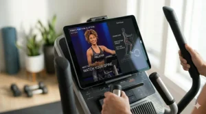 A visual guide showing proper posture while using a Peloton app elliptical machine program.