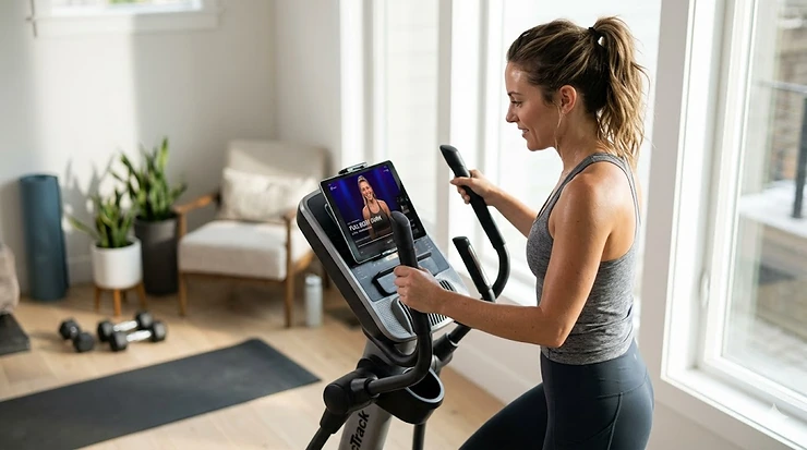 A user following a fitness class on a tablet mounted to a home elliptical machine using the Peloton app. Peloton app elliptical machine