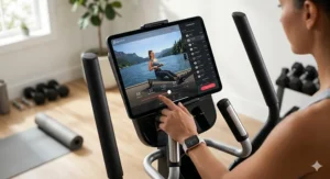 A smartphone interface showing the wireless connection steps for a Peloton app elliptical machine workout.