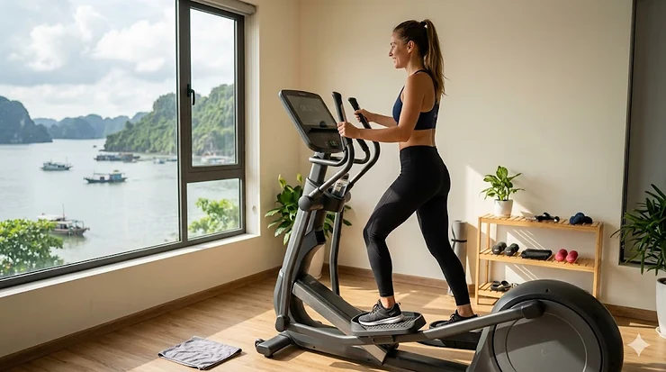 Person using a modern reduced noise elliptical machine in a quiet home gym.