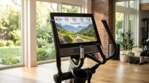 Close-up of the digital console on a smart incline elliptical machine.