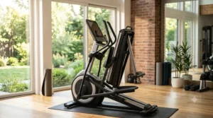A space-saving foldable smart incline elliptical machine for home storage.