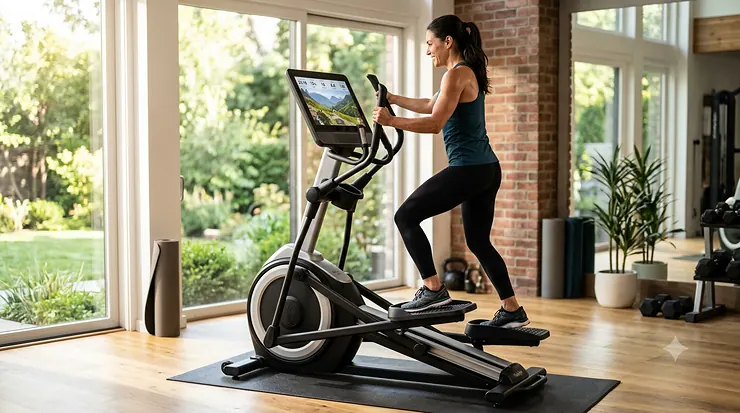 A fit person training on a premium smart incline elliptical machine with a large screen in a modern, naturally lit home gym setting.