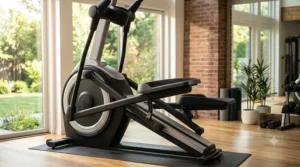 Non-slip textured pedals on a high-performance smart incline elliptical machine.