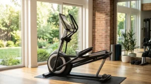 Side view of a compact smart incline elliptical machine showing adjustable ramp settings.