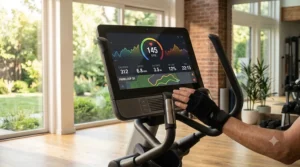 Interactive fitness screen displaying real-time metrics on a smart incline elliptical.