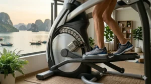 Smooth, fluid pedal motion on a completely silent elliptical machine during a workout.