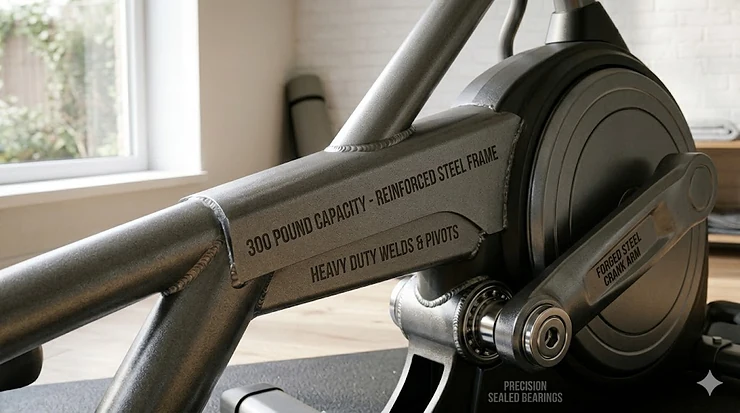 Close-up of a reinforced steel frame on a 300 pound capacity elliptical trainer.