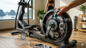 Using a wrench to tighten bolts on a reduced noise elliptical machine.