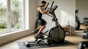 Athlete using a 300 pound capacity elliptical during a high-intensity cardio session.