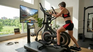 Athlete performing high-intensity interval training on a virtual cycling elliptical.