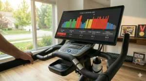 Digital dashboard showing heart rate and performance data on a virtual cycling elliptical.