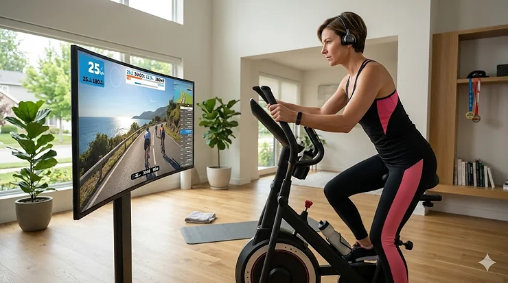 Person using a virtual cycling elliptical in a home gym with an immersive VR headset.