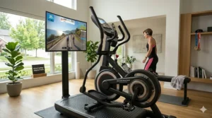 A modern living room space featuring a compact virtual cycling elliptical trainer.