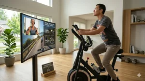 A virtual instructor on a screen guiding a session for a virtual cycling elliptical user.
