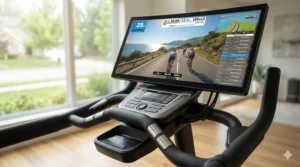 Close-up of the sensors and display setup on a virtual cycling elliptical machine.