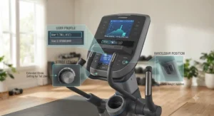 Control panel of an elliptical highlighting adjustable settings for tall users to customize their workout.