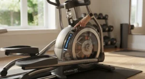 Side view of a low-impact elliptical machine highlighting adjustable resistance settings for custom intensity.