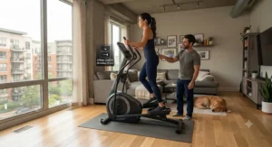 Adjustable stride elliptical machine accommodating different family heights for home workouts