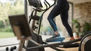 A side-profile view of a user on an AI-powered elliptical showing computer-modeled stride path optimization for joint health.