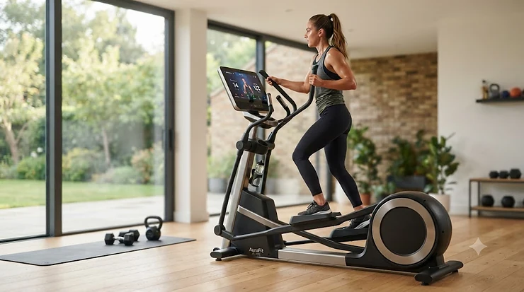A professional athlete using a modern home elliptical trainer featuring an AI-powered resistance display and sleek ergonomic design.