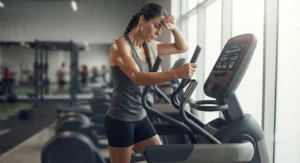 Athlete catching their breath next to a commercial-grade elliptical after a high-intensity session