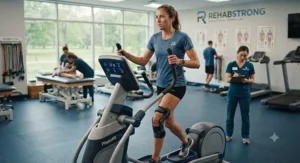 An athlete using an advanced elliptical machine for physical therapy to rebuild leg strength after a sports injury.