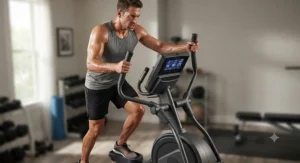 Athlete pushing through a high-resistance interval workout on a sturdy home elliptical