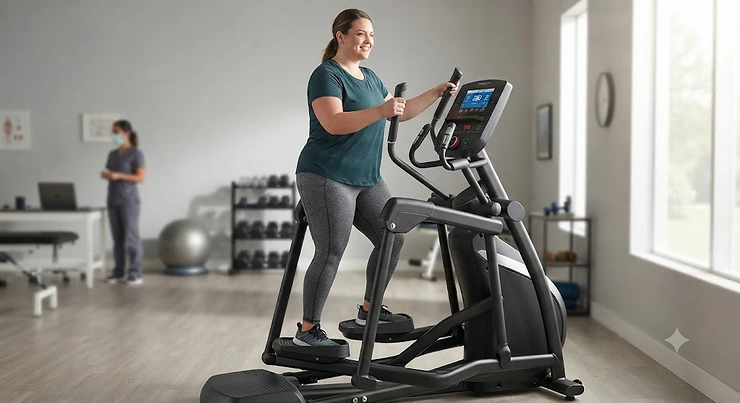 A plus-size user comfortably and safely working out on a heavy-duty commercial-grade elliptical machine. elliptical for heavy person