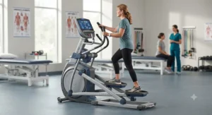 Overview of an adjustable elliptical machine for physical therapy emphasizing non-weight-bearing cardiovascular exercise.
