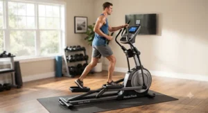 An illustration showing how a long stride length elliptical provides a natural running motion for tall users.