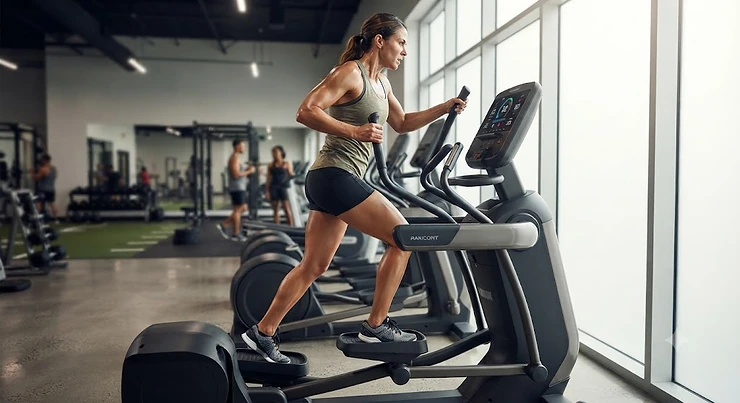 Professional athlete training intensely on a high-end commercial elliptical machine in a modern gym best elliptical for athletes