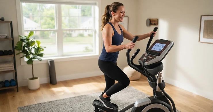 A beginner-friendly elliptical machine set up in a bright home gym for a workout. best elliptical for beginners