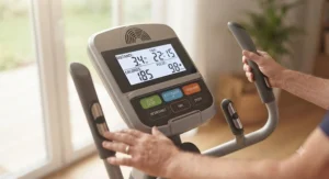 Elliptical console with large buttons and a high-contrast display for senior users.