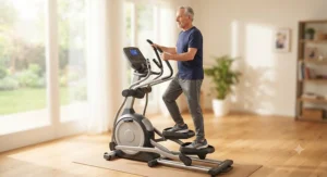 Senior exercising on a low-impact elliptical machine designed for joint safety.
